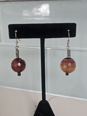 Vintage Artisan Sterling Silver Faceted Brown Agate Drop Earrings Women Jewelry